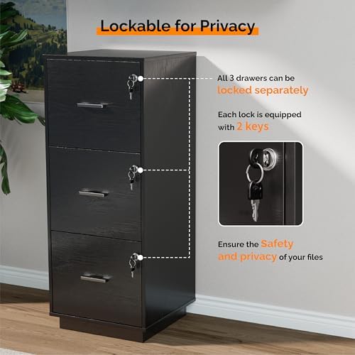 VINGLI 3 Drawer File Cabinet with Lock, Home Office Filing Organizer, for Letter Size File Folder Storage, Wood Tall Vertical Filing Cabinet, Printer Stand, Archivador (Black) - Image 6