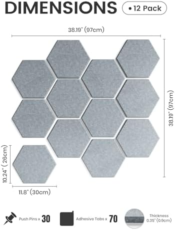 Fluxynara 12-Pack Hexagon Felt Bulletin Board Tiles, Blue Gray - Image 2