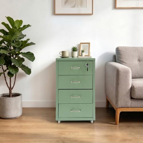 4 Drawer Vertical File Cabinet, Beige Metal File Cabinet with Lock(Green) - Image 2