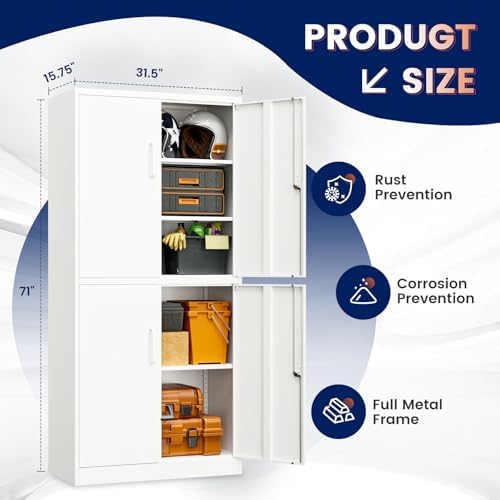 Yizosh Metal Storage Locking Cabinet with 4 Doors and 2 Adjustable Shelves,71" Lockable Garage Tall Steel Cabinet,for Home Office,Living Room,Pantry,Gym,Commercial Storage (White) - Image 3