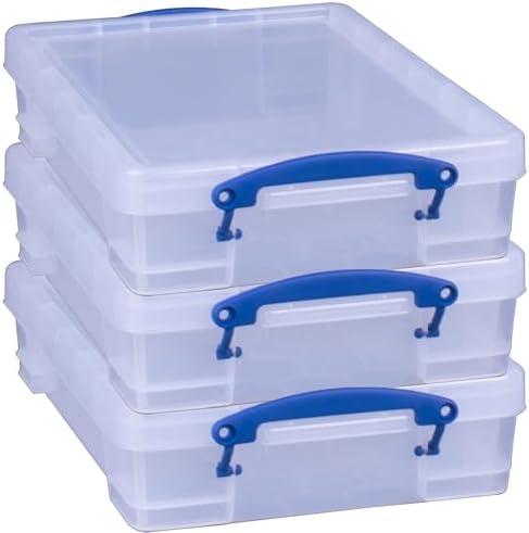 Really Useful Box 4 Liter Plastic Stackable Storage Container w/Snap Lid & Built-In Clip Lock Handles for Home & Office Organization, Clear (3 Pack) by ReallyUsefulBox