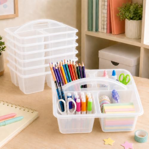 6 Pack 4 Compartment Classroom Caddy with Handle, Clear - Image 4