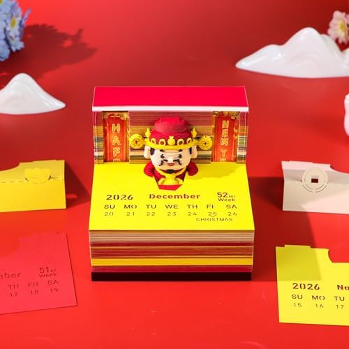 3D Art Calendar 2026,God of Wealth Time Piece Calendar 3D Memo Pad Creative Rip Away Paper Carving DIY Note - Image 4