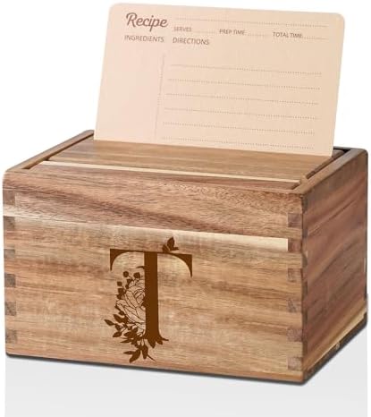 InnoBeta Personalized Gifts Recipe Box, Personalized Initial Recipe Card Holder Box with 50 4 x 6 inch Recipe Cards, 10 Dividers, Initial Recipe Organize - T by InnoBeta
