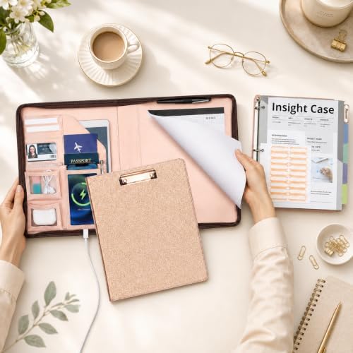 Leather Padfolio Portfolio with Clipboard Storage, Removable 3 Ring Binder 1 Inch Zipper Binder, Document Organizer for Women Men with Notepad, 5 Pocket Dividers, Pen Holder, Rose Gold - Image 2
