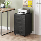 HOOBRO 5-Drawer File Cabinet, Office Cabinet with Drawers, Wooden Storage Cabinet with Wheels for Makeup, Home Office, Study, Easy Assembly, Black BK05WJ01 - Image 2