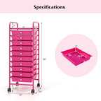 Giantex 10-Drawer Storage Cart w/Universal Wheel, Rolling Cart w/Handle, Home Organizer Storage Unit w/Removable Drawers, Trolley Utility Cart for Kitchen Makeup Living Room Office Play Room, Hot Pink - Image 3