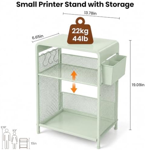 ECOLOVI Small 3 Tier Printer Stand for Under Desk, Height Adjustable Shelf Printer Table with 3 S-Hooks & Basket, Heavy Duty Industrial Storage Shelf for Home Office (Sage Green) - Image 4