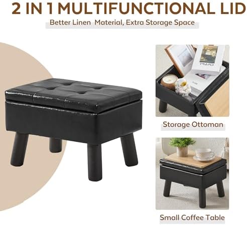 Storage Ottoman, Small Foot Stool Ottoman with Storage, Faux Leather Foot Rest with Wood Legs, Footstool for Living Room, Bedroom, Entryway, Black - Image 5