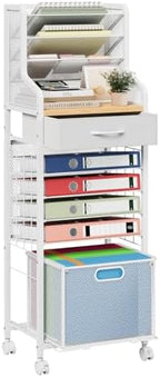 SWTYMIKI 10-Tier Rolling File Cart - Mesh Paper Organizer with Drawer and Hanging File Folders on Lockable Wheels, Rolling File Cabinet for Office Organization, Storage in Home, Studio, School, White by SwtyMiki-TidyHomeSweetLife