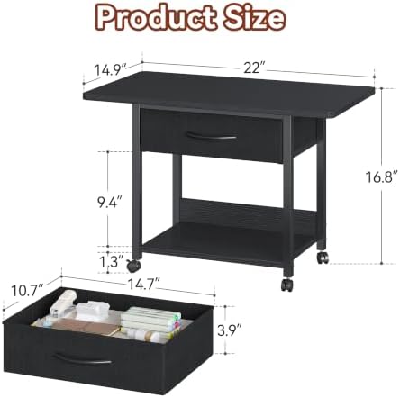 Printer Stand with Drawer, 2-Tier Printer Table with Locking Wheels, Under Desk Rolling Table Cart for Home Office, Fit Fax Machine Scanner, Black - Image 6