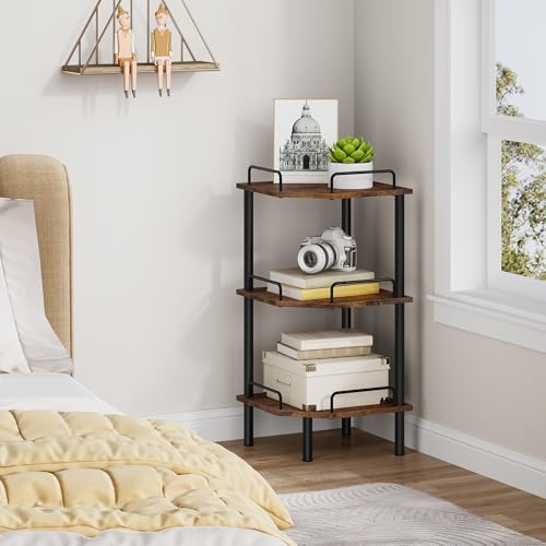 Tajsoon 3 Tier Corner Shelf Stand, Small Corner Table, Rustic Brown - Image 2