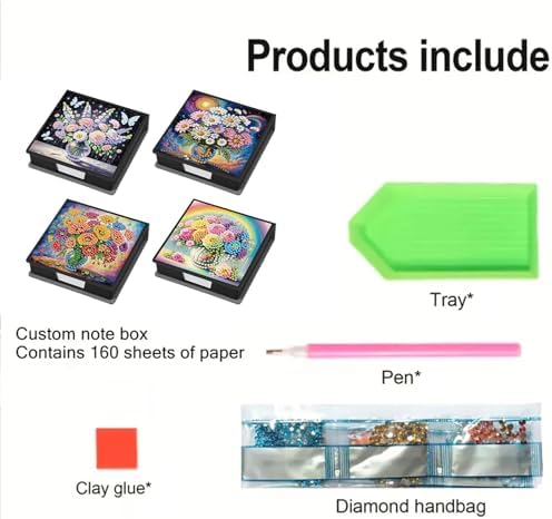 4PCS Diamond Art Painting PU Notecard Box DIY Craft Sticky Note Box with 160 Sheets of Paper Sticky Note Holder for Living Room Home Office Decoration for Adults Beginners Desk Organiser(Vase) - Image 2