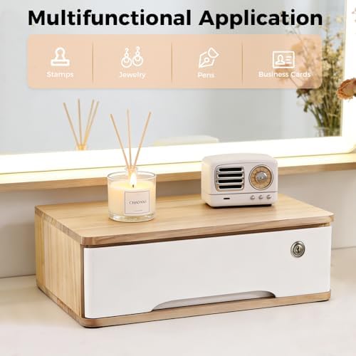 Desktop Storage Box,Desk Organizer Drawers,Desktop Organizer,Office Supplies Drawer Organization with Lockable Drawer for Office,School Supplies,1Tiers,Original Wood Color, White - Image 6