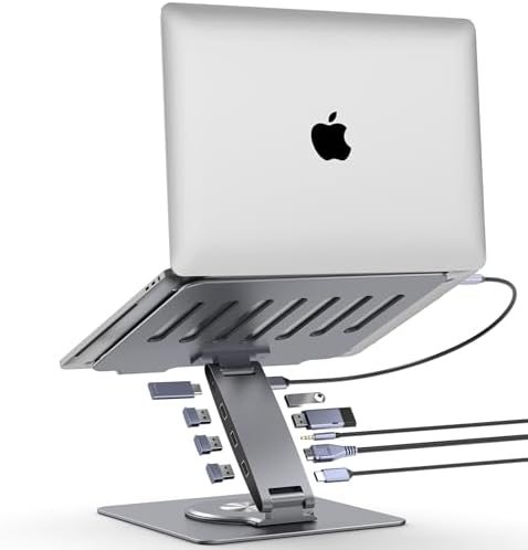 Adjustable Laptop Stand for Desk with Docking Station 9-in-1, Aluminum Laptop Riser with USB Hub, 360° Swivel, Dual Display 4K60Hz HDMI, 3 USB3.0, 100W PD Charging, for MacBook Pro Air/Dell/HP 7-15.6" by HC