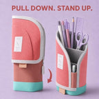 Retractable Pencil Case, Large Standing Pen Pouch, 3 Compartments (Flamingo Pink) - Image 4