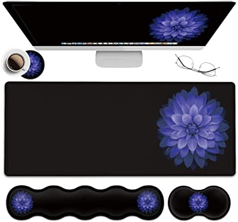 Ergonomic Mouse Pad Set, Desk Mat(31.5×11.8 in) + Keyboard Wrist Rest Support + Mouse Wrist Rest + Coasters for Office,Home,Computer,Laptop -Purple Flowers Cute Black Gaming Large Mousepads XXL by JVGFYNKL