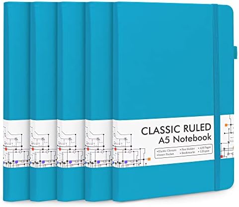 5 Pack Journal Notebook Bulk for School, Feela Hardcover Business Notebooks Classic Ruled Lined Journals with Pen Holder for Work Note Taking, with 5 Black Pens, 120 GSM, 5.1”x8.3”, A5, Teal by feela