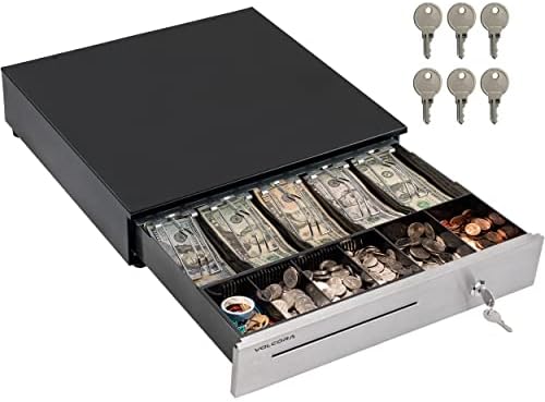 Volcora Cash Register Drawer for (POS) Point of Sale System 16", Stainless Steel Removable Coin Tray, 5 Bill/6 Coin, 12-24V, RJ11/RJ12 Key-Lock, Cash Till, Money Drawer for Businesses, Black by Volcora