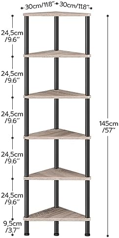 HOOBRO Corner Shelf Stand, Industrial 6-Tier Corner Bookshelf with Metal Frame, Plant Display Shelf, Bookcase for Small Spaces, Living Room, Greige and Black BG36CJ01 - Image 3