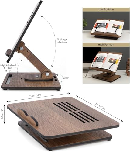 Vigo Wood 360° Rotating Book Stand, Tilt and Height Adjustable Laptop and Cookbook Holder, Foldable Reading Desk (Walnut) - Image 5