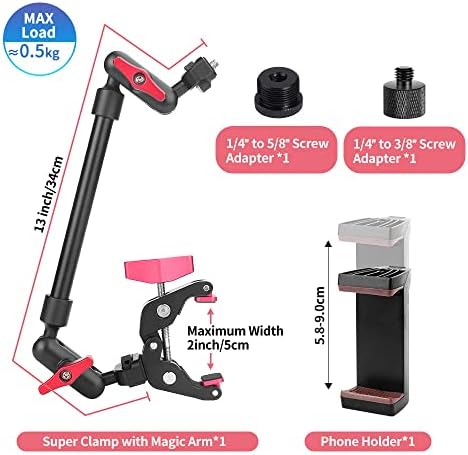 13"/34cm Magic Arm w Clamp, Camera Mount & Clamp w 1/4" 3/8" Threads and Articulating Friction Magic Arm, Overhead Phone Mount, Camera Boom Arm Mount for Light Webcam Mic Action Camera Monitor - Image 7