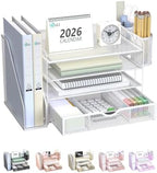WALI Desk File Organizer, 4 Tier Desktop Paper Letter Tray Organizer with Drawer and 2 Pen Holders, Office Desk Accessories & Workspace Organizers for Office, Home Supplies(DO005DH-W), 1 Pack, White by WALI