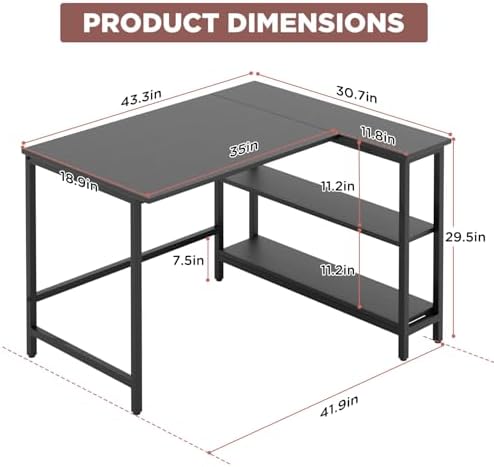 FDW L-Shaped Gaming Desk 43 Inch Computer Desk Corner Desks with Reversible Side Storage Shelves Study Desk Metal Frame PC Work Table for Home Office Dorm Sturdy Writing Workstation, Black - Image 3