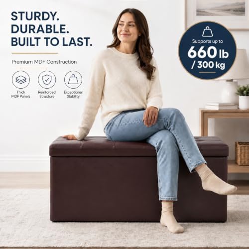 ALASDO 30 Inch Folding Storage Ottoman Bench with Hidden Storage, PU Leather Ottoman Foot Rest Stool, End of Bed Bench for Bedroom, Living Room, Entryway and Closet, Brown - Image 3