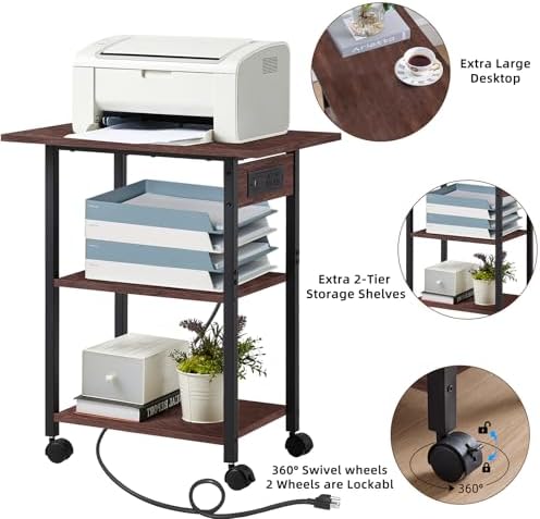 Lerliuo 3-Tier Printer Stand with Charging Station, Rolling Printer Table - Image 5
