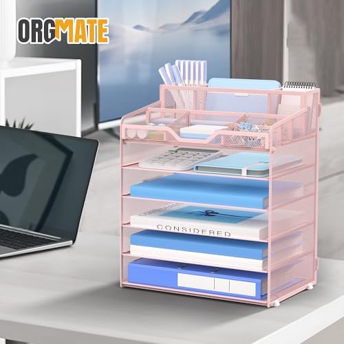 6 Tier Mesh Paper Desk Organizer with Pen Holders, Pink - Image 6