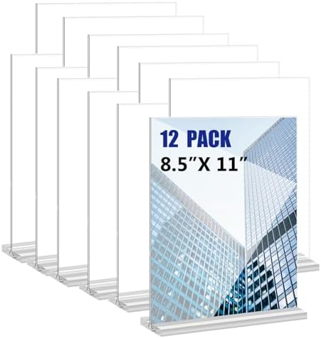 KOOLDE Acrylic Sign Holder 8.5x11 Inches 12 Pack T Shape Desktop Display Stand Vertical Double Sided Clear Table Menu Flyer Holder for Restaurants, Office, Shop, Wedding by KOOLDE