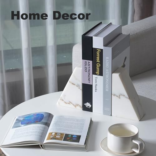 Marble Book Ends White, Heavy Duty Book Ends for Shelves, Decorative Natural Book Stopper，Unique Decorative Bookend for Home Shelves Calacatta Natural Marble Bookend, Set of 2 - Image 4
