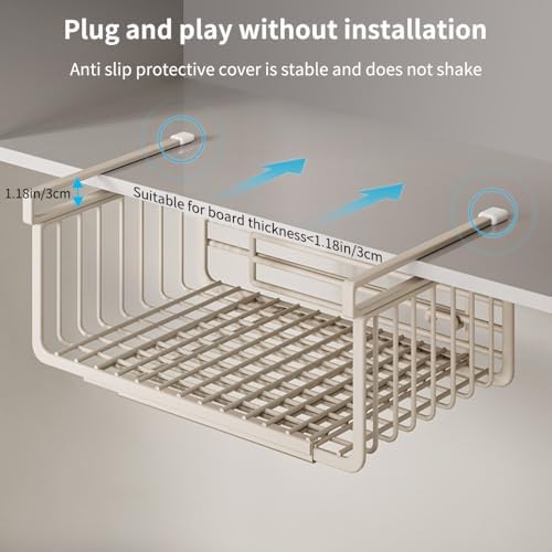 Extendable Under Shelf Storage Basket, Hanging Baskets Under Cabinet Shelf Organizer, for Cabinet Pantry Kitchen Cupboard Desk Counter Bookshelf Space Saver Heavy Duty Slide-in (off - white, 2 Pack) - Image 3
