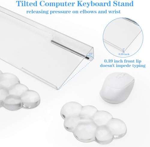 Acrylic Transparent Computer Keyboard Stand with Gel Cloud Keyboard and Mouse Wrist Rest, Ergonomic Tilting 3-in-1 Set, Relieves Painful Typing, for Office/Computer/Laptop/Gaming - Image 4