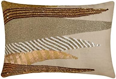 The HomeCentric Decorative Gold & Brown 12"x22" (30x55 cm) Lumbar Pillow Cover, Linen Beaded, Sequins & Embroidery Oblong Pillow, Abstract Pattern Modern Style - Casting A Glow by TheHomeCentric
