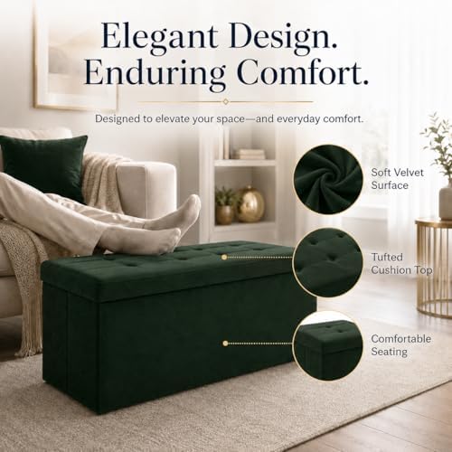 ALASDO 43 Inch Folding Storage Ottoman Bench with Hidden Storage, Velvet Storage Ottoman Foot Rest Stool, End of Bed Bench for Bedroom, Living Room, Entryway and Closet, Dark Green - Image 2