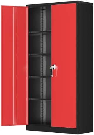 Greenvelly Metal Garage Storage Cabinet with 2 Doors and 4 Adjustable Shelves, 72”H Steel Lockable Storage Cabinet,Tall Metal Cabinet Locking File Cabinet for Office,Home, Garage, Gym, School by Greenvelly