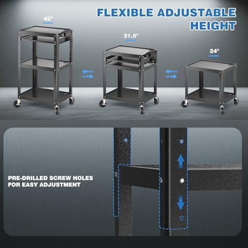 POCHAR Steel AV Cart on Wheels - Rolling Projector Cart with Height Adjustable Shelf, Pullout Keyboard Tray, Power Strip, Cord Management - Mobile Media Carts Computer Workstation for Office Classroom - Image 4