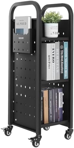 VEVOR Rolling Library Book Cart, 220 lbs Capacity, 12.6 x 13.8 x 36.8-Inch Library Cart, Single Sided L-Shaped Shelves with 2-Inch Lockable Wheels, Book Truck for Home Shelves Office and School, Black by VEVOR