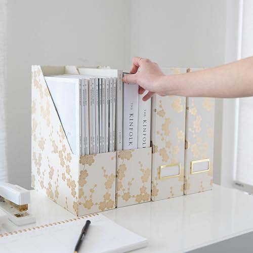 BLU MONACO | Set of 4 Foldable Magazine Storage Boxes with Gold Floral Pattern | Decorative Vertical File Organizers with Gold Label Holders for Desk, Shelves & Home Office - Image 5