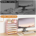 Subekyu 6-Tier Desk Paper Organizer, Desktop File Letter Tray with Handle, Document Sorter and Accessories Holder for Office, Home and School Workspace Organizers, Pink-2 Pack - Image 2