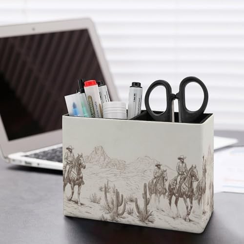Pens Holder, Pencils Holder for Desk Organizer, Western Horse Cactus PU Leather Pencil Cups Desktop Stationery Storage Makeup Brush Holder Pens Organizer for Office Home - Image 5