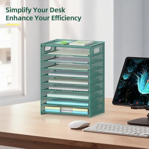 OUTWOLF 10 Tier Paper Organizer - Letter Tray Mesh Desk File Organizer with Handles for Office School Desktop, Green - Image 6