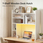 OFCASA Desktop Bookshelf with LED Lights, Countertop Storage Hutch with 7 Shelves for Computer Desk, 35.4'' 3-Tier Display Rack, Wooden Desk Hutch Storage Organizer for Home Office Dorm, White - Image 3