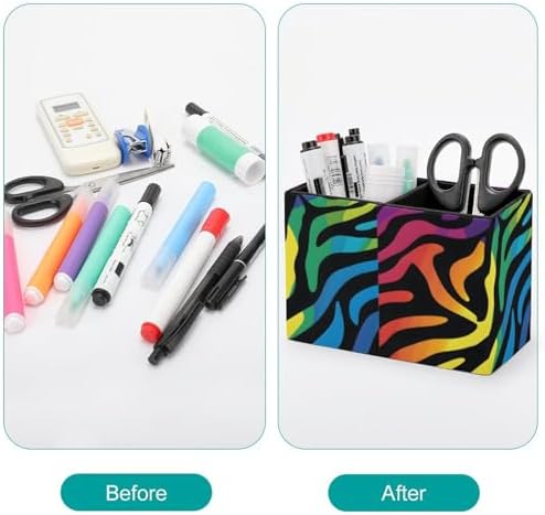 Pens Holder, Pencils Holder for Desk Organizer, Rainbow Animal Zebra Print PU Leather Pencil Cups Desktop Stationery Storage Makeup Brush Holder Pens Organizer for Office Home - Image 3