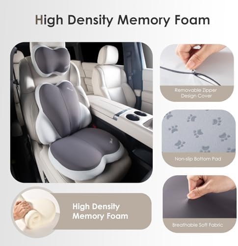 FLORICH 3 PCS Seat Cushion for Carseat Lumbar Support Pillow Car Neck Headrest Pillows Ultrathick Memory Foam Seat Pads Pressure Relief Back Cushion for Office Chair-Dark Beige Grey - Image 2