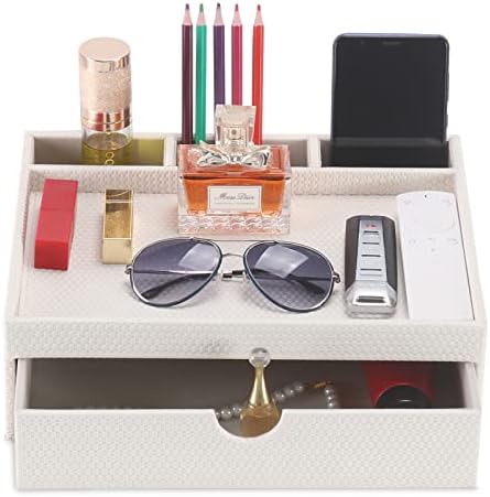 Leather Desk Organizer With Drawers, Home Cosmetics & Phone Remote Organizer, Drawer Plus Divider & Tray (white) - Image 3
