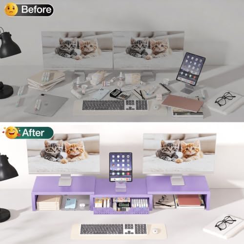OPNICE Dual Computer Monitor Stand Riser, Desk Organizer with Drawer, Office Desk Accessories & Workspace Organizers for Home Office Supplies, Purple - Image 4