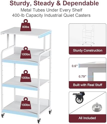 4-Tier White Printer Stand with Wheels, Extra Large Tall Printer Table with Storage Shelf, 4 Tier Printer Cart, Home Printer Stands (White) - Image 2